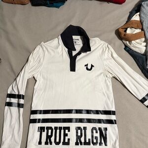 True Religion White and Black Long Sleeve Polo